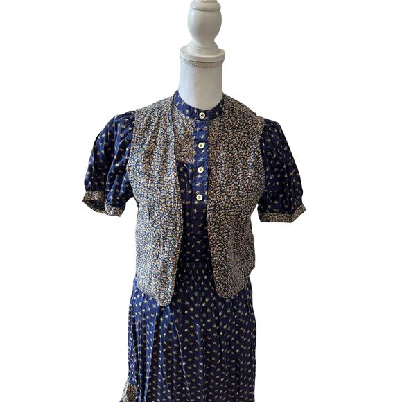 Vintage 70s Cottage Core Prairie Peasant Skirt Set Blue Floral Print - Picture 10 of 12